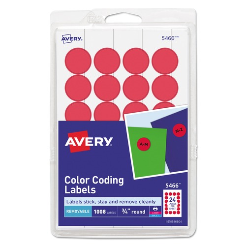  | Avery 05466 Printable Self-Adhesive Removable 0.75 in. Color-Coding Labels - Red (24-Piece/Sheet, 42-Sheet/Pack) image number 0