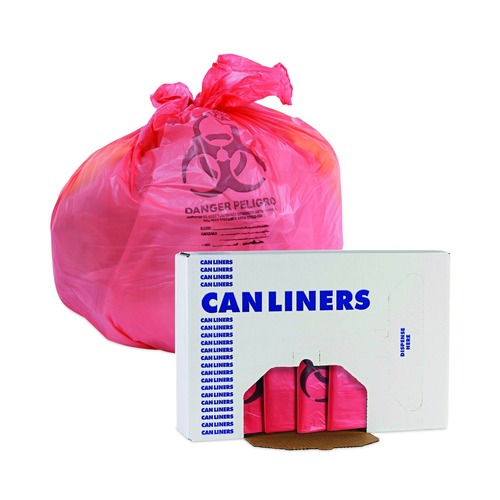 Office Jansan | Boardwalk A6639PRK 33 in. x 39 in. 1.3 mil 33 gal. Linear Low Density Health Care Trash Can Liners - Red (150/Carton) image number 0