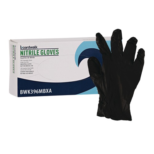 Work Gloves | Boardwalk BWK396MBX 4.4 mil General Purpose Powder-Free Disposable Nitrile Gloves - Medium, Black (100/Box) image number 0
