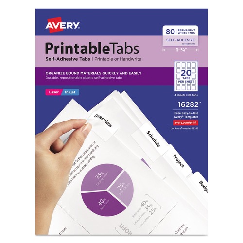 Office Jansan | Avery 16282 1.75 in. Wide 1/5-Cut Printable Plastic Tabs with Repositionable Adhesive - White (80/Pack) image number 0