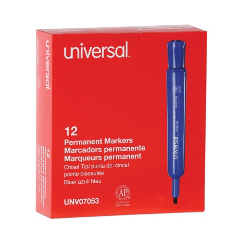 Office Jansan | Universal UNV07053 Broad Chisel Tip Permanent Marker - Blue (1 Dozen) image number 0