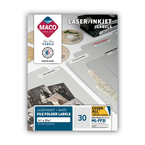 MACO MML-FF31 Cover-All Opaque  0.66 in. x 3.44 in. Inkjet/Laser File Folder Labels - White (50 Sheets/Box, 30 Labels/Sheet) image number 0