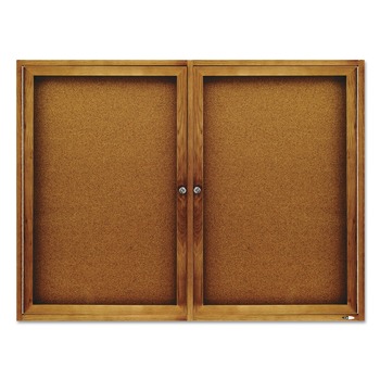 Quartet 48 in. x 36 in. Enclosed Indoor Cork Bulletin Board with Two Hinged Doors - Tan Surface/Oak Finished Fiberboard Frame