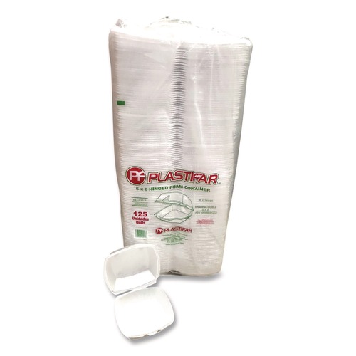 Food Service | Plastifar 12175 6 in. x 6 in. x 3 in. Foam Hinged Lid Containers - White (500/Carton) image number 0