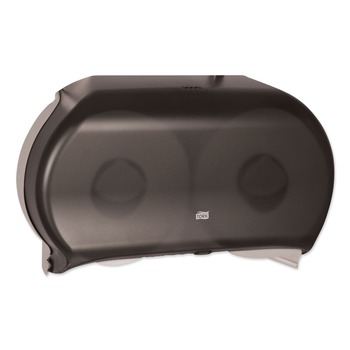 Tork 56TR 19.29 in. x 5.51 in. x 11.83 in. Twin Jumbo Roll Bath Tissue Dispenser - Smoke/Gray (1/Carton)