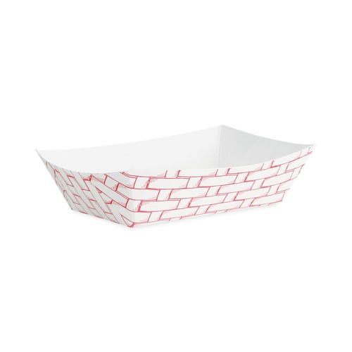 Food Trays, Containers, and Lids | Boardwalk BWK30LAG025 2.69 in. x 1.05 in. x 4 in. 0.25 lbs. Capacity Paper Food Baskets - Red/White (1000/Carton) image number 0