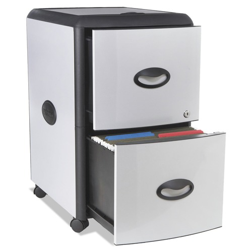 Office Filing Cabinets & Shelves | Storex 61352U01C 19 in. x 15 in. x 23 in. 2 Letter File Drawers Mobile Filing Cabinet with Metal Siding and Top-Drawer Organizer Tray - Silver/Black image number 0