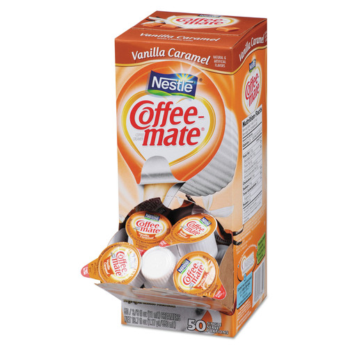 Early Labor Day Sale | Coffee-Mate 12182156 0.38 oz. Vanilla Caramel Flavor Liquid Coffee Creamer Mini Cups (50/Box) image number 0