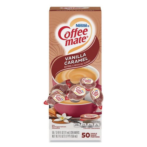 Early Labor Day Sale | Coffee-Mate 12182156 0.38 oz. Vanilla Caramel Flavor Liquid Coffee Creamer Mini Cups (50/Box) image number 0