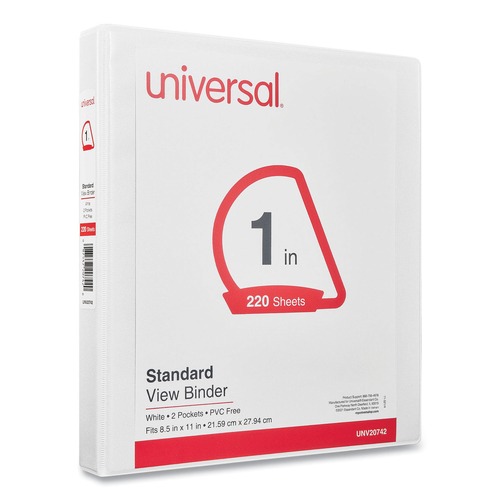 Office Jansan | Universal UNV20742 11 in. x 8.5 in. 1 in. Capacity 3 Rings Slant D-Ring View Binder - White image number 0