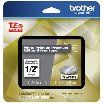 Brother 0.47 in. x 26.2 ft. TZe Premium Laminated Tape - White on Silver