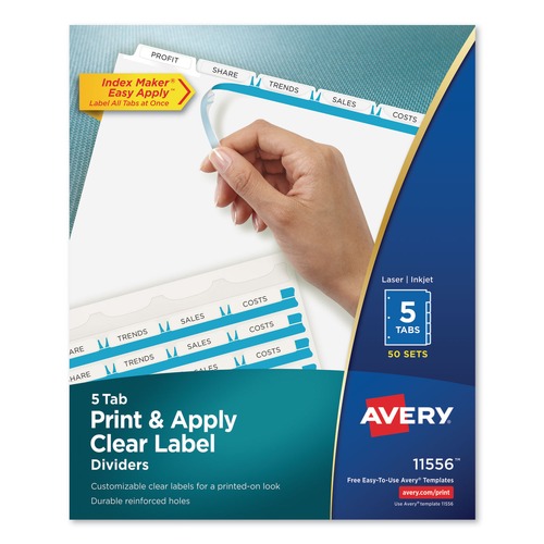 Dividers & Tabs | Avery 11556 11 in. x 8.5 in. 5-Tab Print and Apply Index Maker Clear Label Dividers - White (50 Sets/Box) image number 0