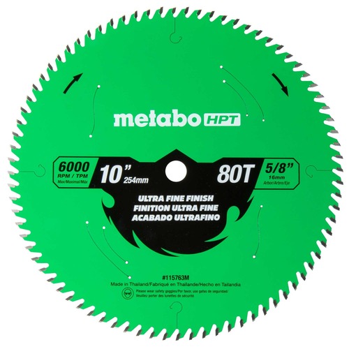 Table Saw Blades | Metabo HPT 115763M 10 in. 80-Tooth Industrial PTFE Miter Saw/Table Saw Ultra Fine Finish Blade image number 0