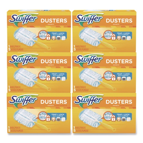 Cleaning & Janitorial Supplies | Swiffer 11804 Dusters Starter Kit with Dust Lock Fiber and 6 in. Handle - Blue/Yellow (6/Carton) image number 0