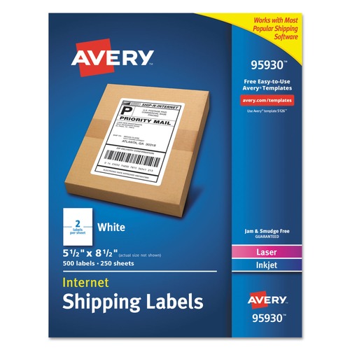 Office Jansan | Avery 95930 5.5 in. x 8.5 in. Shipping Labels-Bulk Packs - White (2/Sheet, 250 Sheets/Box) image number 0