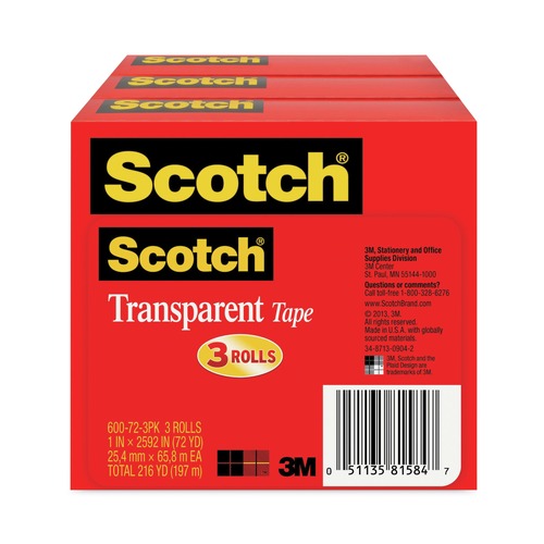 Tapes & Adhesives | Scotch 600-72-3PK 1 in. x 72 yds 3 in. Core Tape - Transparent (3/Pack) image number 0