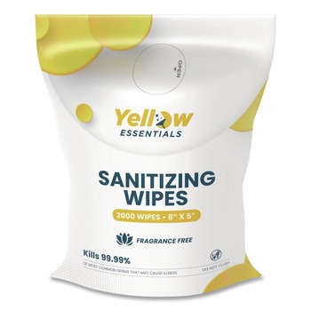 Gritt Commercial YE0012000 Yellow Essentials Sanitizing Wipes, 5 x 8, Unscented, White, 2,000 Wipes