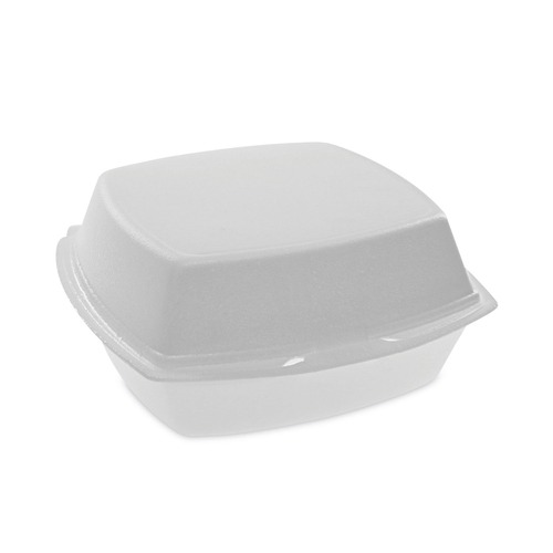  | Pactiv Corp. YTH100800000 6.38 in. x 6.38 in. x 3 in. Single Tab Lock Foam Hinged Lid Containers - White (500/Carton) image number 0