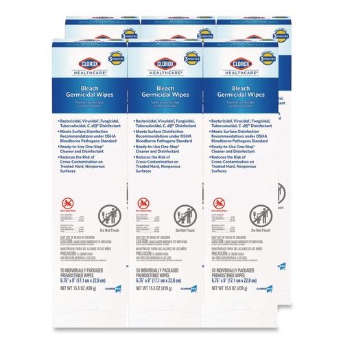 Cleaning & Janitorial Supplies | Clorox Healthcare 31424 6.75 in. x 9 in. 1-Ply Individual Bleach Germicidal Wipes - Unscented White (6/Carton) image number 0