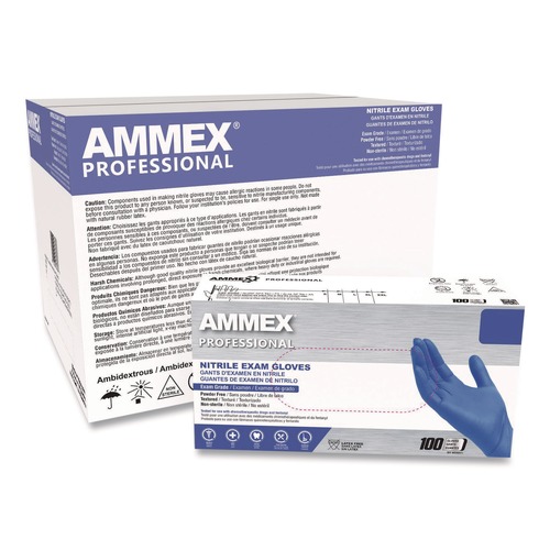 Cleaning Gloves | Ammex ACNPF46100 9.5 in. Long 3 mil Thick Powder-Free Nitrile Exam Gloves - Large, Blue (1000/Carton) image number 0