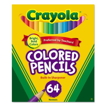Crayola 3.3 mm 2B Short Colored Pencils Hinged Top Box with Built-in Pencil Sharpener - Assorted Lead and Barrel Colors (64/Set)