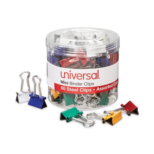 Office Jansan | Universal UNV31027 Binder Clips with Storage Tub - Mini, Assorted (60/Pack) image number 0