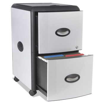 Storex 19 in. x 15 in. x 23 in. 2 Letter File Drawers Mobile Filing Cabinet with Metal Siding and Top-Drawer Organizer Tray - Silver/Black