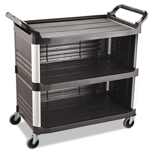  | Rubbermaid Commercial FG409300BLA 40.63 in. x 20 in. x 37.81 in. 300 lbs. Capacity 3 Shelves Plastic Xtra Utility Cart with Enclosed Sides and Back - Black image number 0