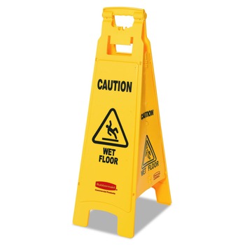 Rubbermaid Commercial 12 in. x 16 in. x 38 in. 4-Sided Caution Wet Floor Sign - Yellow