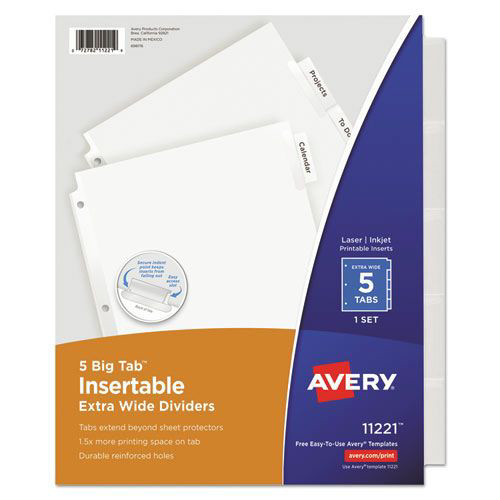 Office Jansan | Avery 11221 11.13 x 9.25 Insertable Single-Sided Copper Edge Reinforcing Big Tab Dividers - White/Clear Tabs (5-Pieces/Set) image number 0