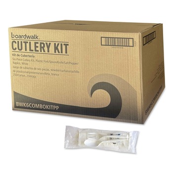 Boardwalk 5.86 in. 6-Piece Mediumweight Plastic Cutlery Fork/Knife/Napkin/Pepper/Salt/Spoon Kit - White (250/Carton)