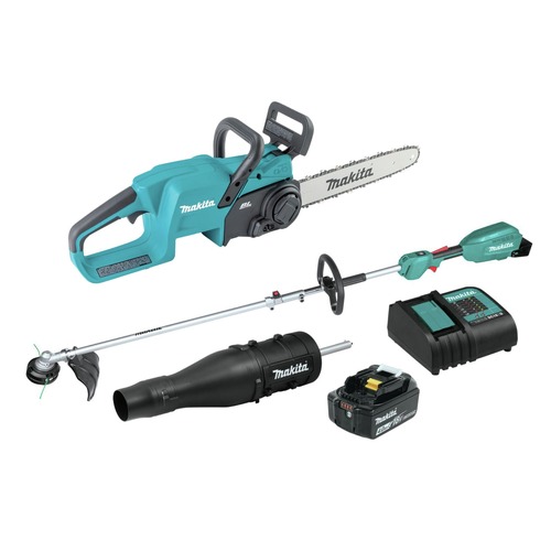 String Trimmers | Makita XUX02SM1X3XCU11Z 18V LXT Brushless 14 in. Cordless Chain Saw and Couple Shaft Power Head Kit with 13 in. String Trimmer and Blower Attachments Bundle (4 Ah) image number 0
