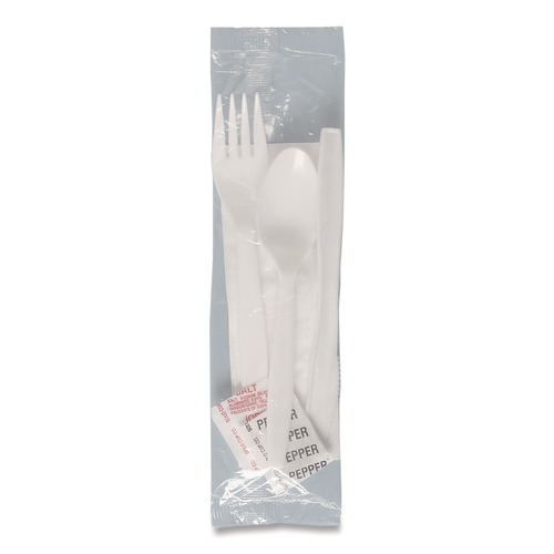 Food Service | SOLO MOW8Y-0007 Medium Weight PP Kit Wrapped Fork/Knife/Teaspoon/Napkin with Salt and Pepper - White (250/Carton) image number 0