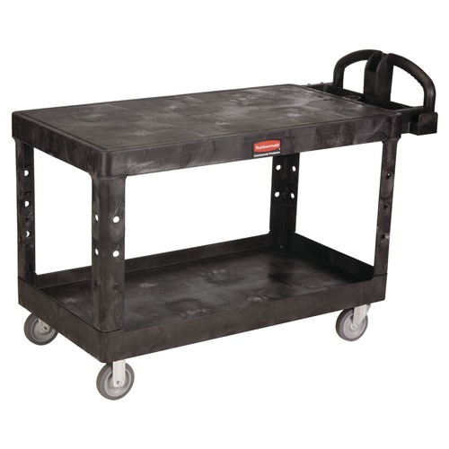 Bulk Savings Pricing 1 | Rubbermaid Commercial FG454500BLA 25.25 in. x 54 in. x 36 in. 500 lbs. Capacity 2 Flat Shelves Heavy-Duty Plastic Utility Cart - Black image number 0