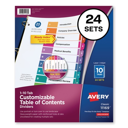 Office Jansan | Avery 11169 Ready Index 11 in. x 8.5 in. 10-Tab 1 to 10 Uncollated Customizable TOC Dividers - Multicolor Tabs/White (24/Box) image number 0