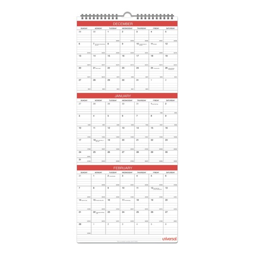 Calendars & Planners | Universal 71003 12 in. x 27 in. 14-Month (Dec 2025-Jan 2027) Three-Month Wall Calendar - White/Red Sheets image number 0
