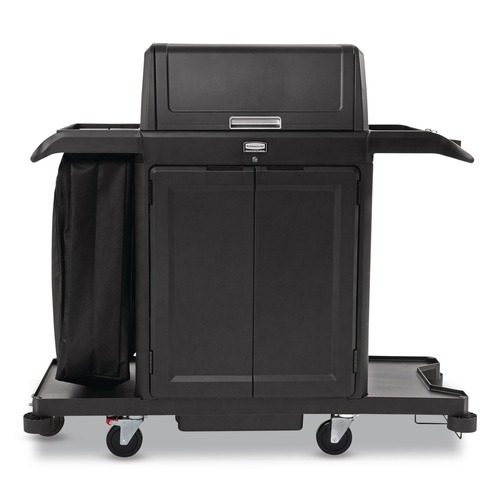 Cleaning Carts | Rubbermaid Commercial 2202587 24.4 in. x 62.4 in. x 56.9 in. 4-Shelf Housekeeping Cart with Hood and Doors - Black image number 0