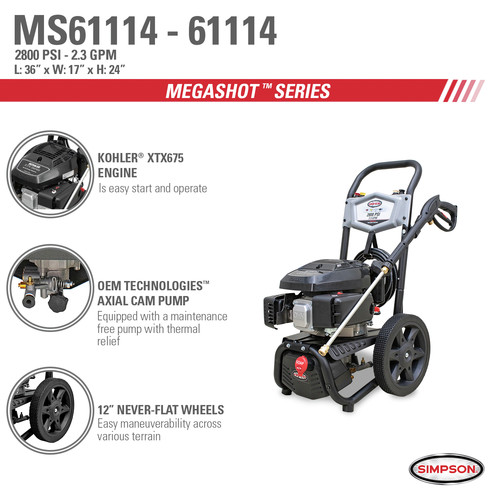 Simpson 2800 psi best sale pressure washer ms61048