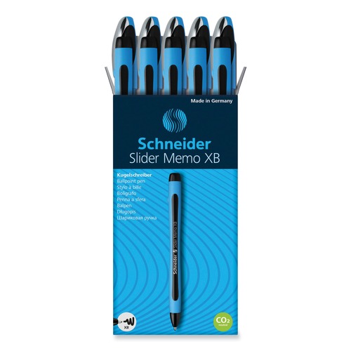 Pens | Schneider 150201 Slider Memo XB Extra-Bold 1.4 millimeter Stick Ballpoint Pen - Black Ink/Black/Light Blue Barrel (10/Box) image number 0