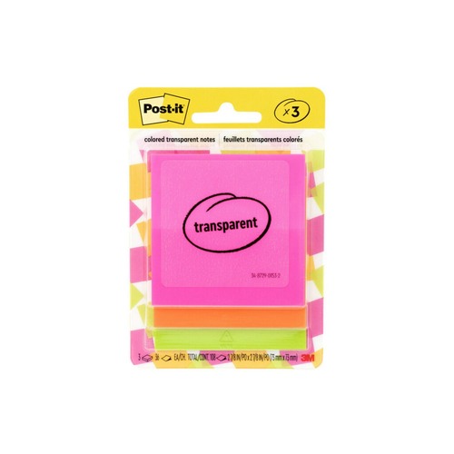 Bulk Savings Pricing 1 | Post-it 600-3COL 2.88 in. x 2.88 in. Unruled Transparent Notes - Assorted Transparent Colors (3-Pads/Pack) image number 0