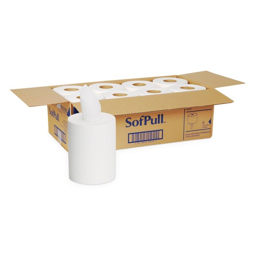 Cleaning & Janitorial Supplies | Georgia Pacific Professional 28125 SofPull 7.8 in. x 14.8 in. 1-Ply Premium Junior Capacity Towel - White (225/Roll, 8-Rolls/Carton) image number 0