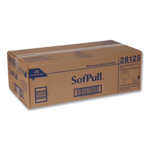 Cleaning & Janitorial Supplies | Georgia Pacific Professional 28125 SofPull 7.8 in. x 14.8 in. 1-Ply Premium Junior Capacity Towel - White (225/Roll, 8-Rolls/Carton) image number 0