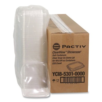 Pactiv Corp. 9 x 7.4 x 1 Showcase Deli Plastic Dome Lid for 3-Compartment 48/64 oz Containers - Clear (220/Carton)