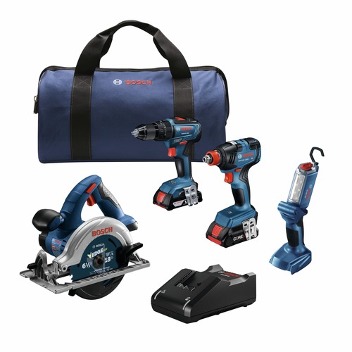 Combo Kits | Factory Reconditioned Bosch GXL18V-497B23-RT 18V Brushless Lithium-Ion Cordless 4-Tool Combo Kit with (1) 4 Ah and (1) 2 Ah Batteries image number 0