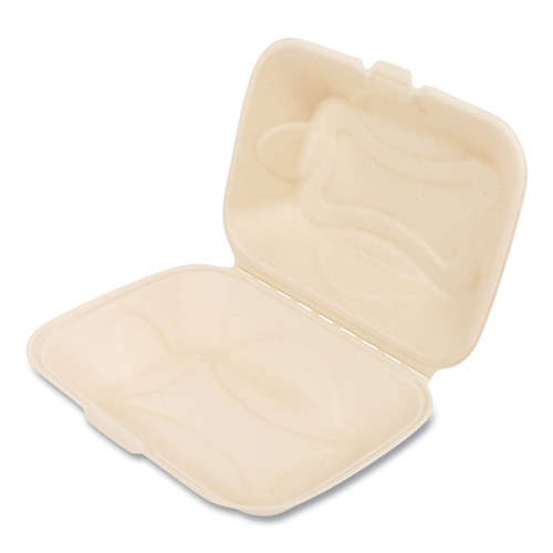 Food Service | Boardwalk BWKHINGE96NPFA 6 in. x 3 in. x 9 in. Bagasse PFAS-Free Hinged Lid Food Containers - Tan (250/Carton) image number 0