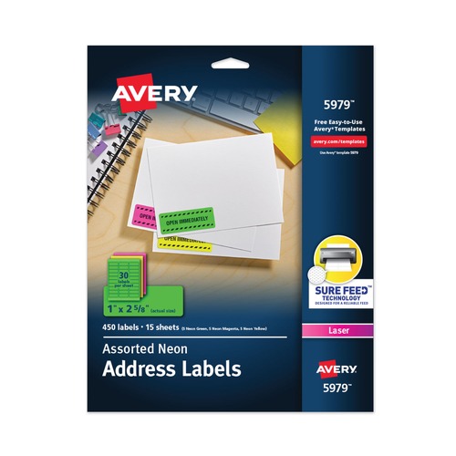Office Jansan | Avery 05979 1 in. x 2.63 in. High-Visibility Permanent Laser ID Labels - Asst. Neon (450/Pack) image number 0