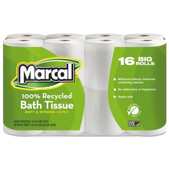 Marcal 2 Ply Septic Safe 4 in. x 4 in. 100% Recycled Bath Tissues - White (16/Pack)