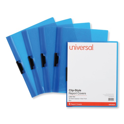 Universal UNV20525 Holds 30 Pages, Plastic Report Cover with Clip - Letter, Clear/Blue (5/Pack) image number 0