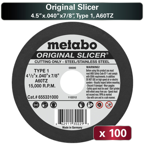 Grinding Wheels | Metabo US655331100 100-Piece A60TZ Original Slicer T1 4.5 in. x 0.40 in. x 7/8 in. Cutting Wheel Pack image number 0