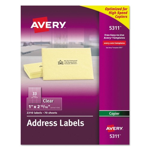 Mothers Day Sale! Save an Extra 10% off your order | Avery 05311 1 in. x 2.81 in. Copier Mailing Labels - Clear (33/Sheet, 70 Sheets/Pack) image number 0